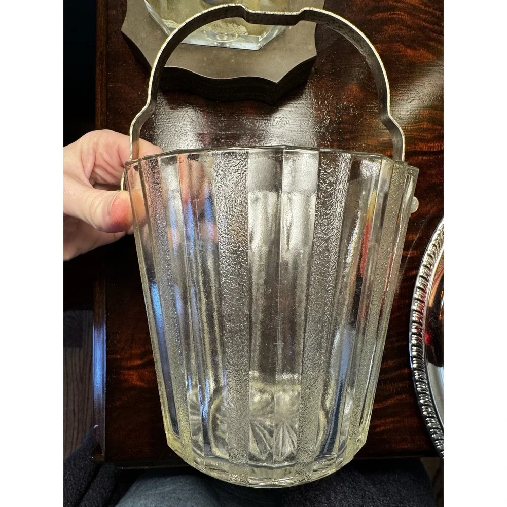 Vintage Ribbed Libby Ice Bucket‎ & Brass Tongs